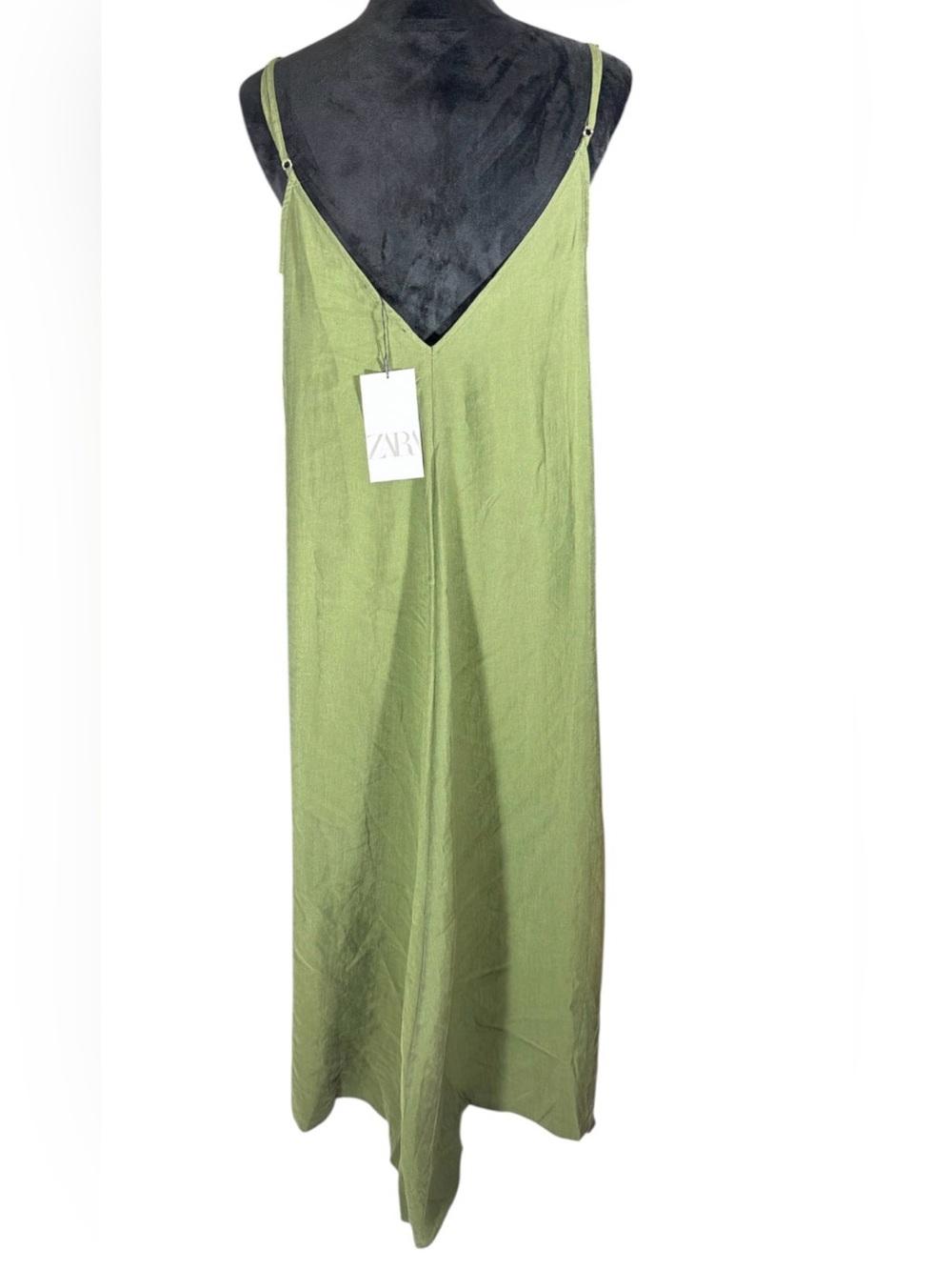 ZARA Olive Green Linen Maxi Slip Dress with V-Back - Picture 3 of 4